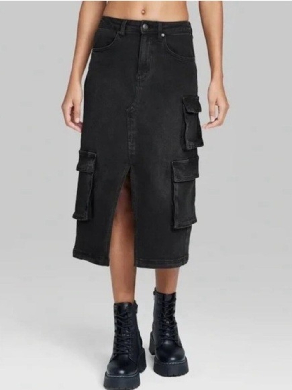 wild fable Black Grunge Cargo Midi Skirt with Front Slit Size Small
